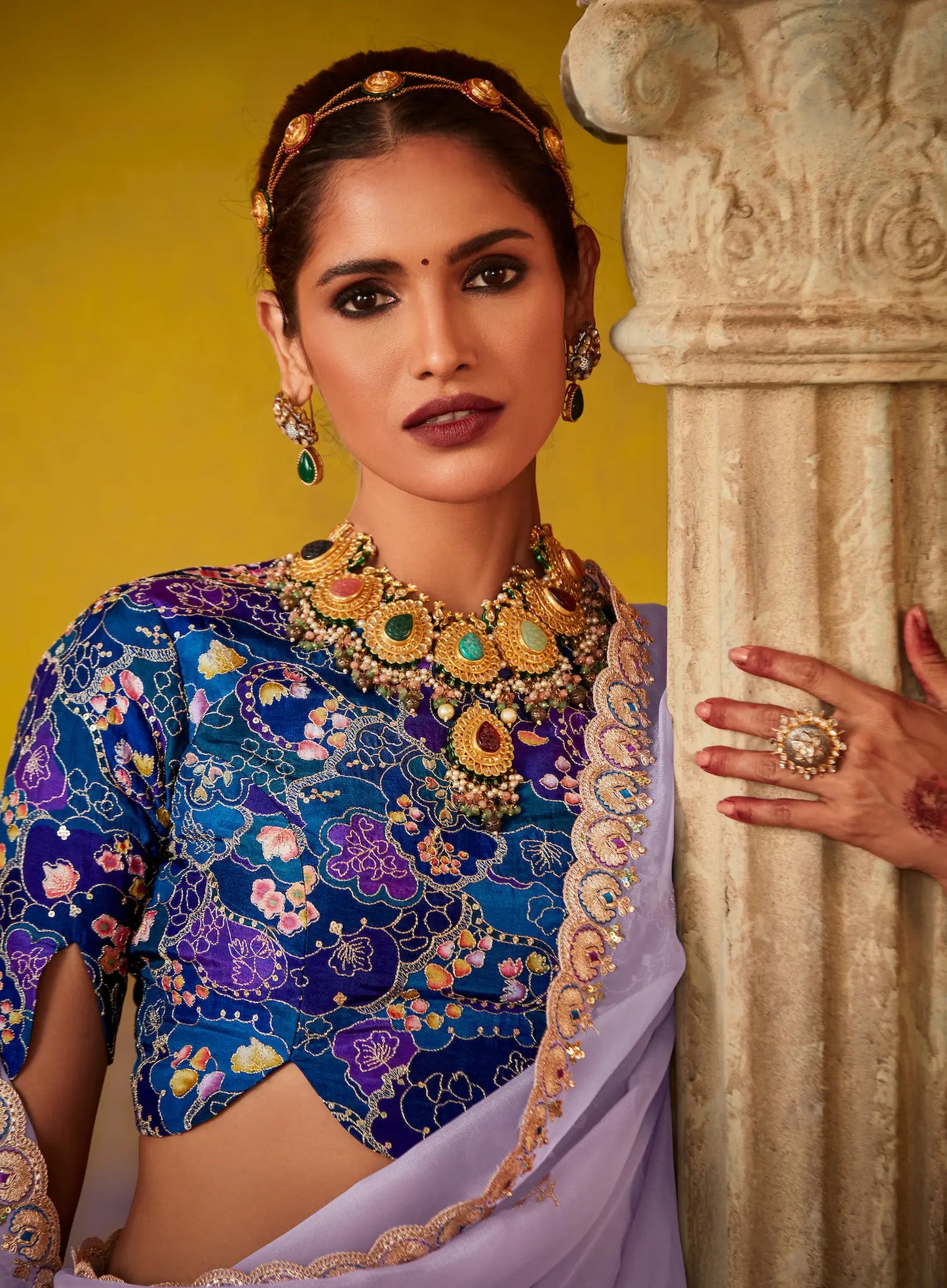 Lavender Glass Tissue Saree With Digital Print,  Sequence & Thread Embroidery Work