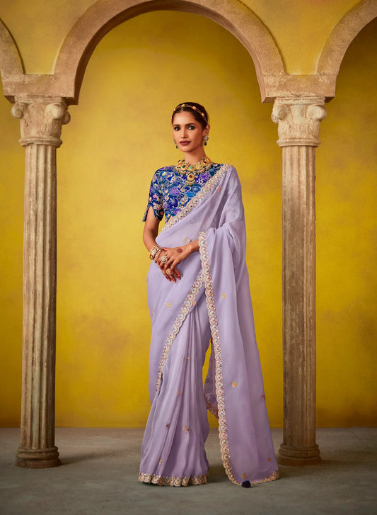 Lavender Glass Tissue Saree With Digital Print,  Sequence & Thread Embroidery Work