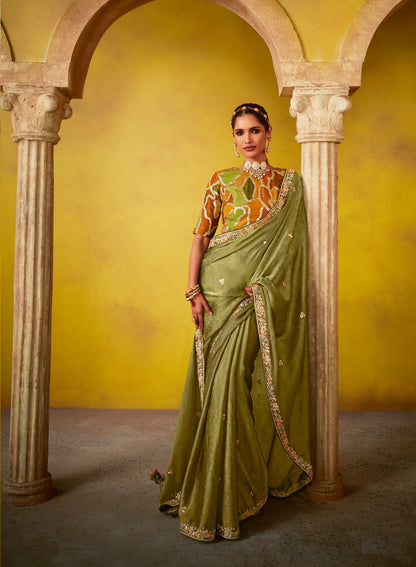 Olive Green Glass Tissue Saree With Digital Print,  Sequence & Thread Embroidery Work
