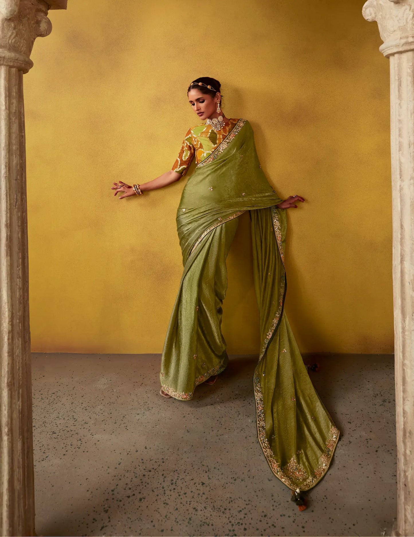 Olive Green Glass Tissue Saree With Digital Print,  Sequence & Thread Embroidery Work