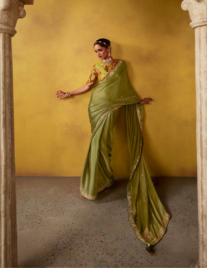 Olive Green Glass Tissue Saree With Digital Print,  Sequence & Thread Embroidery Work