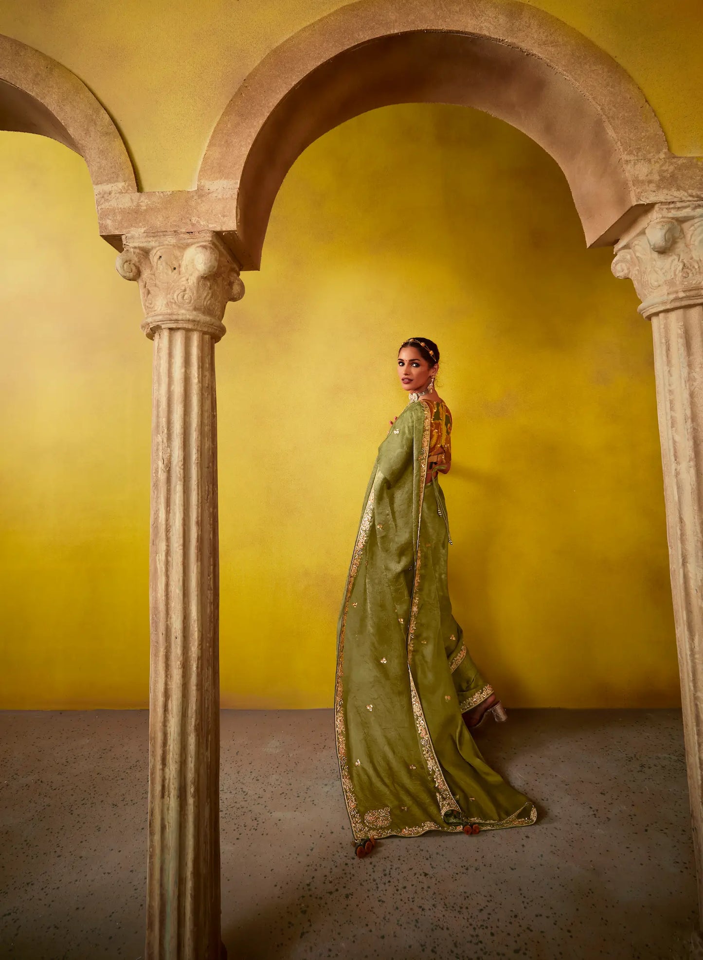 Olive Green Glass Tissue Saree With Digital Print,  Sequence & Thread Embroidery Work