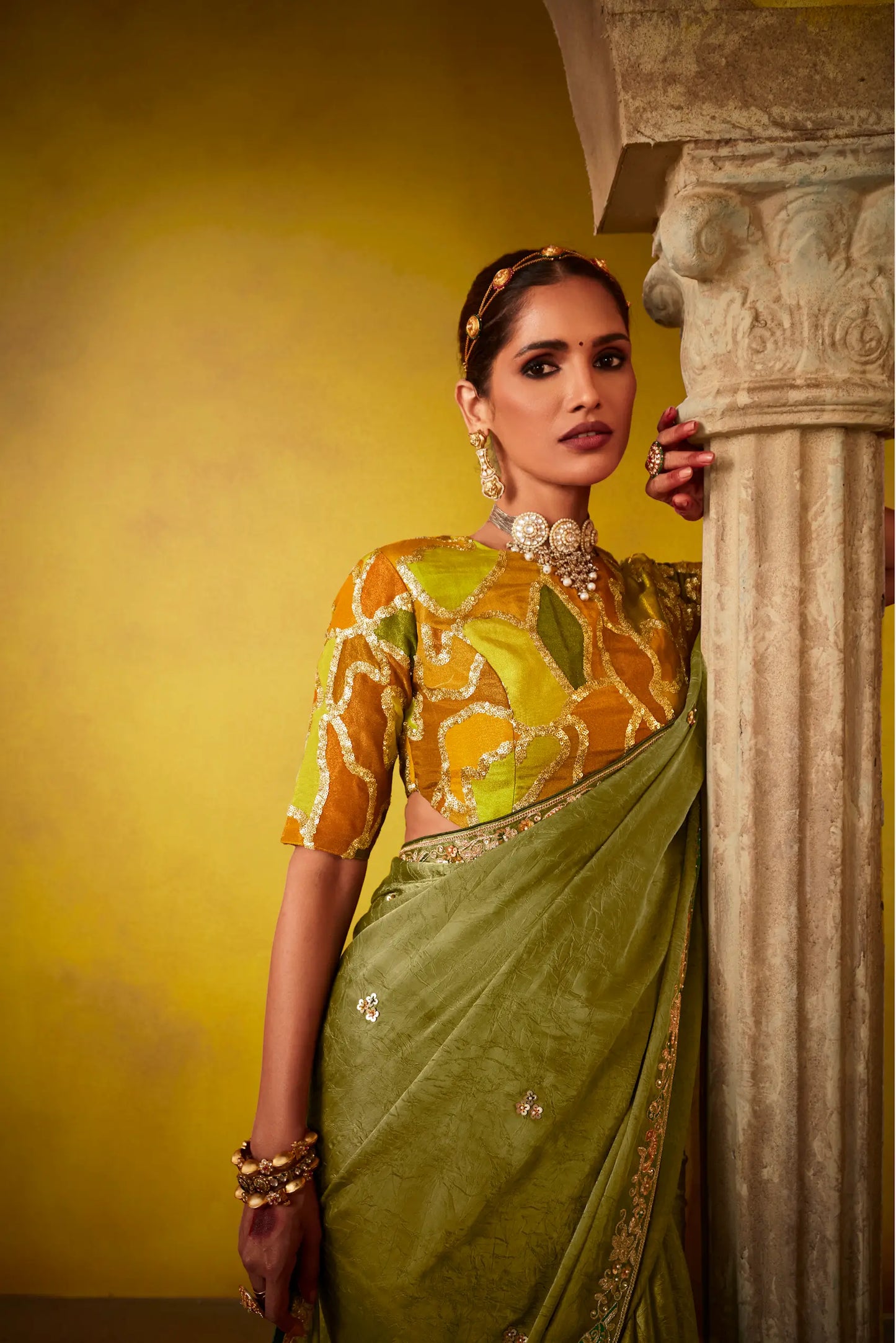 Olive Green Glass Tissue Saree With Digital Print,  Sequence & Thread Embroidery Work