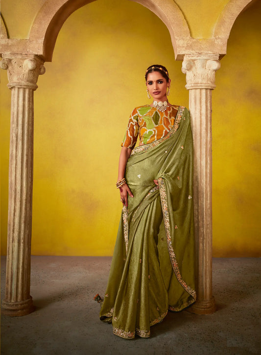 Olive Green Glass Tissue Saree With Digital Print,  Sequence & Thread Embroidery Work