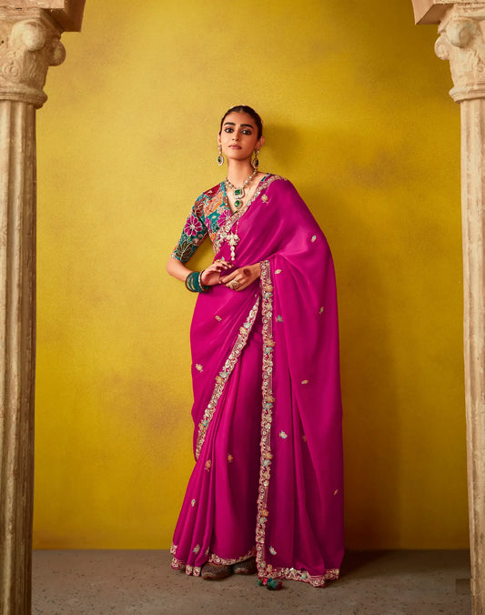 Deep Pink Glass Tissue Saree With Digital Print,  Sequence & Thread Embroidery Work