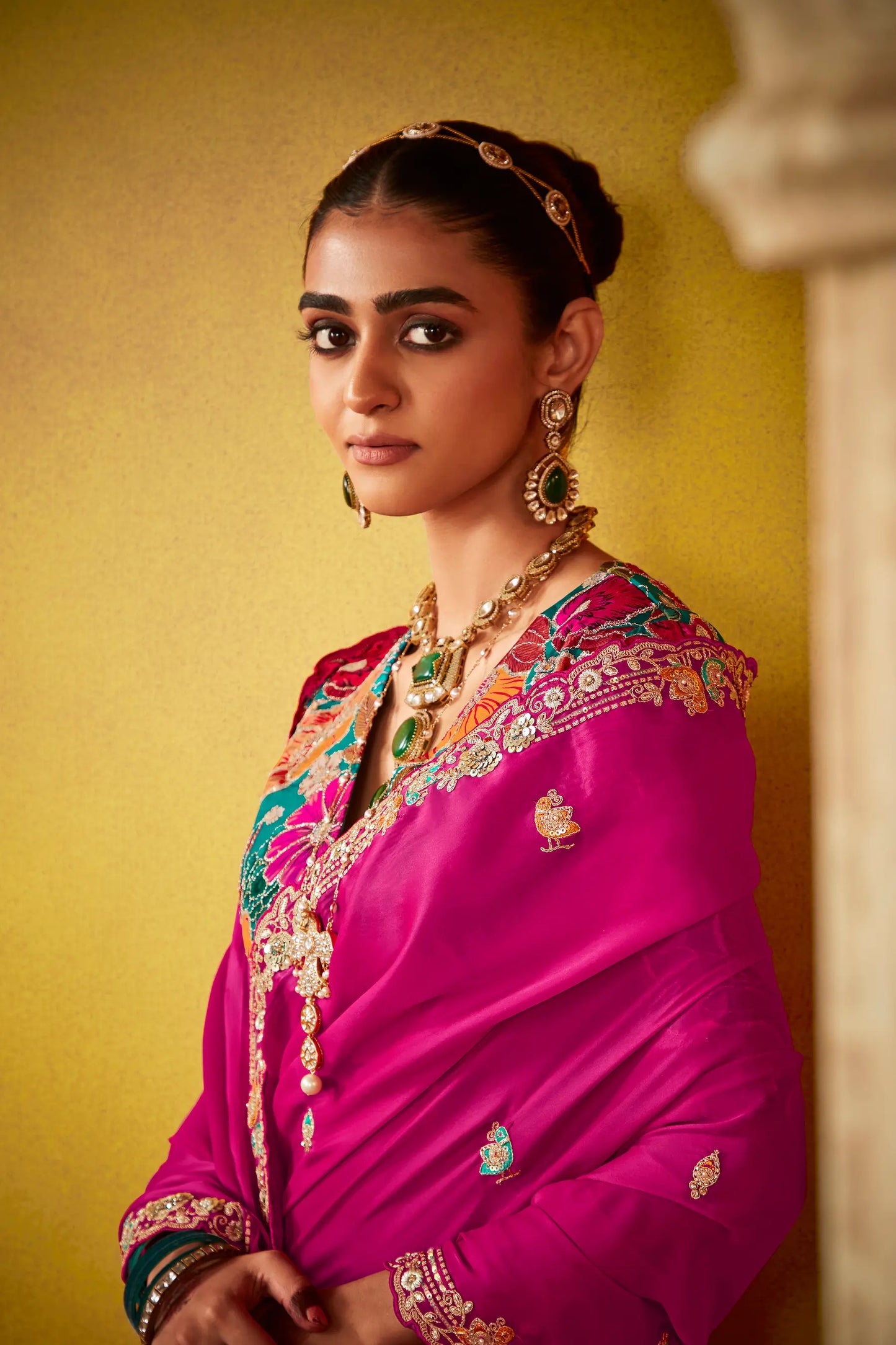 Deep Pink Glass Tissue Saree With Digital Print,  Sequence & Thread Embroidery Work