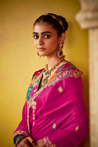 Deep Pink Glass Tissue Saree With Digital Print,  Sequence & Thread Embroidery Work