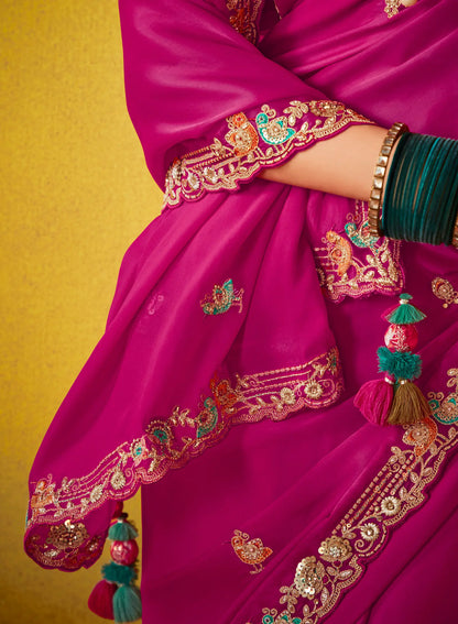 Deep Pink Glass Tissue Saree With Digital Print,  Sequence & Thread Embroidery Work