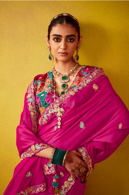 Deep Pink Glass Tissue Saree With Digital Print,  Sequence & Thread Embroidery Work