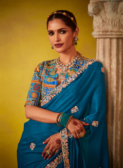 Teal Blue Glass Tissue Saree With Digital Print,  Sequence & Thread Embroidery Work