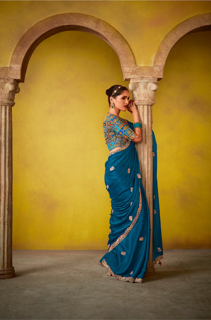 Teal Blue Glass Tissue Saree With Digital Print,  Sequence & Thread Embroidery Work