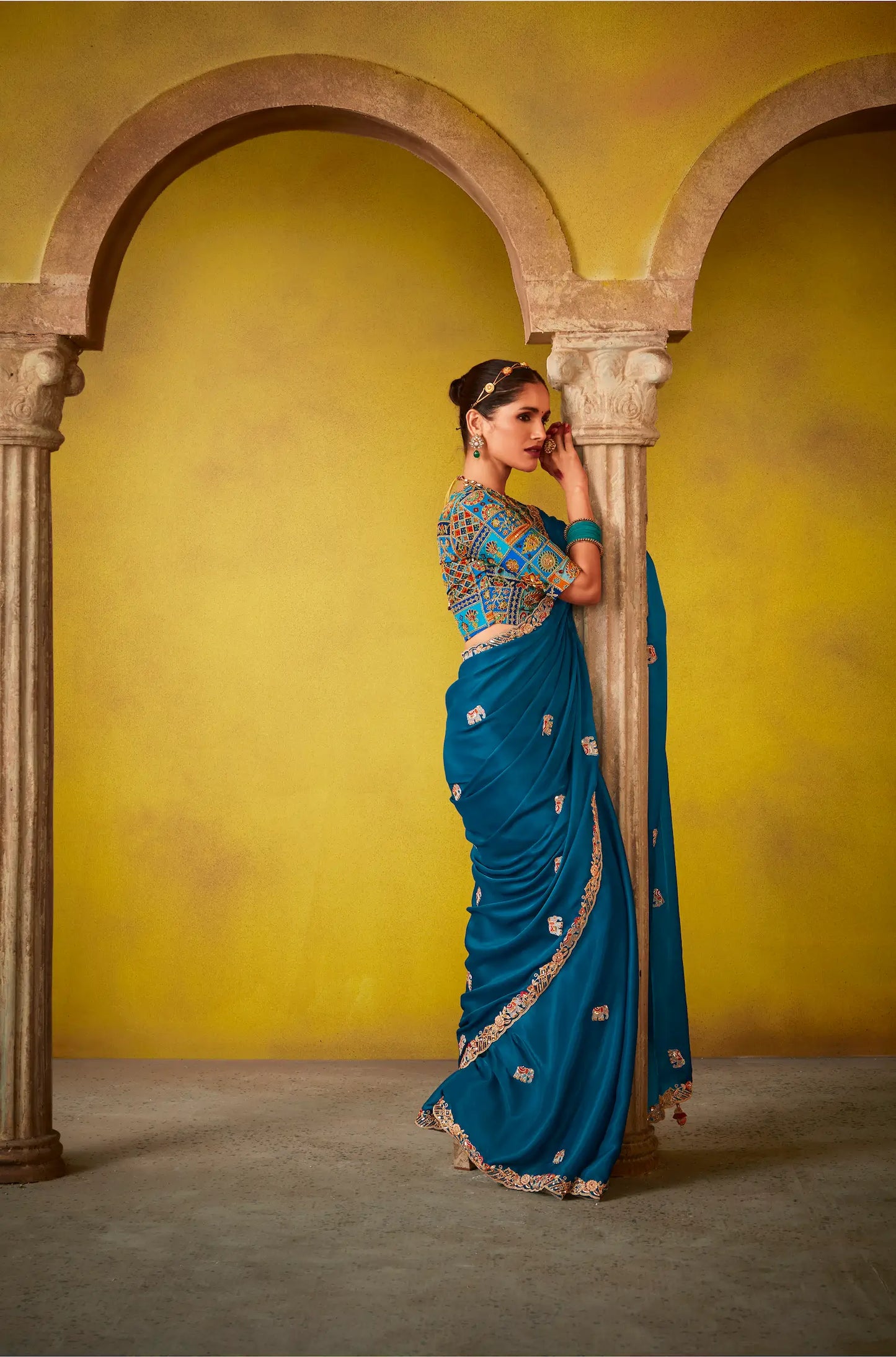 Teal Blue Glass Tissue Saree With Digital Print,  Sequence & Thread Embroidery Work