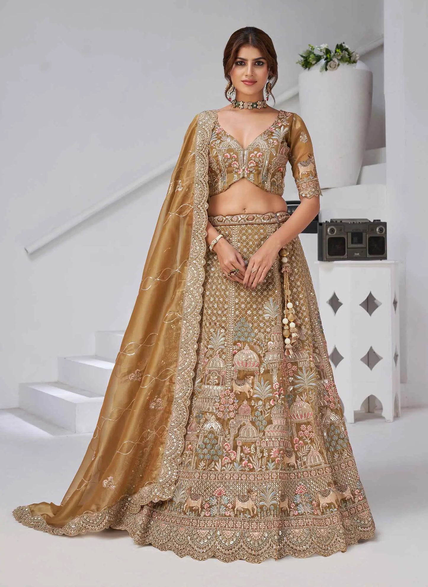 Traditional Bridal Lehenga With Temple & Cow Motifs