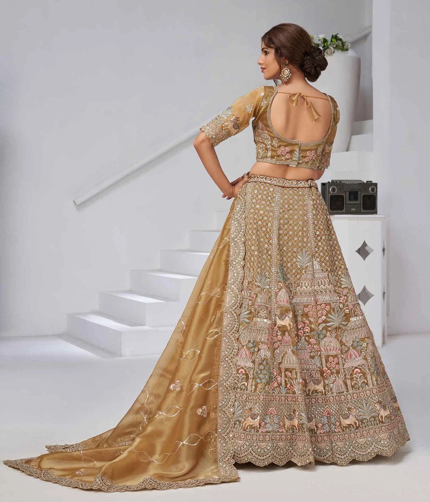 Traditional Bridal Lehenga With Temple & Cow Motifs