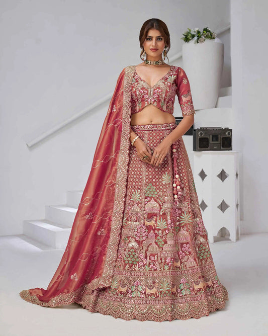 Pinkish Red Bridal Lehenga With Temple & Cow Motifs