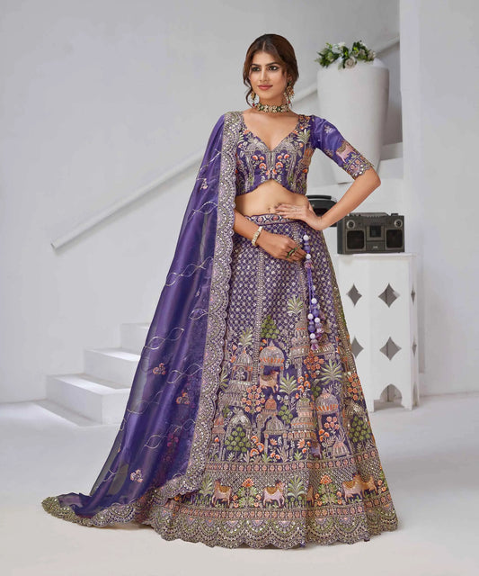 Bluish Purple Bridal Lehenga With Temple & Cow Motifs
