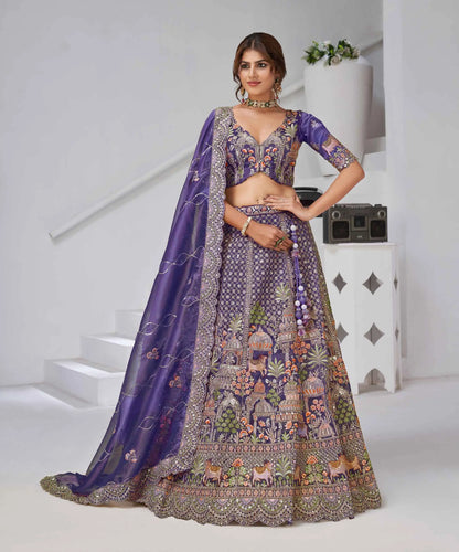 Bluish Purple Bridal Lehenga With Temple & Cow Motifs