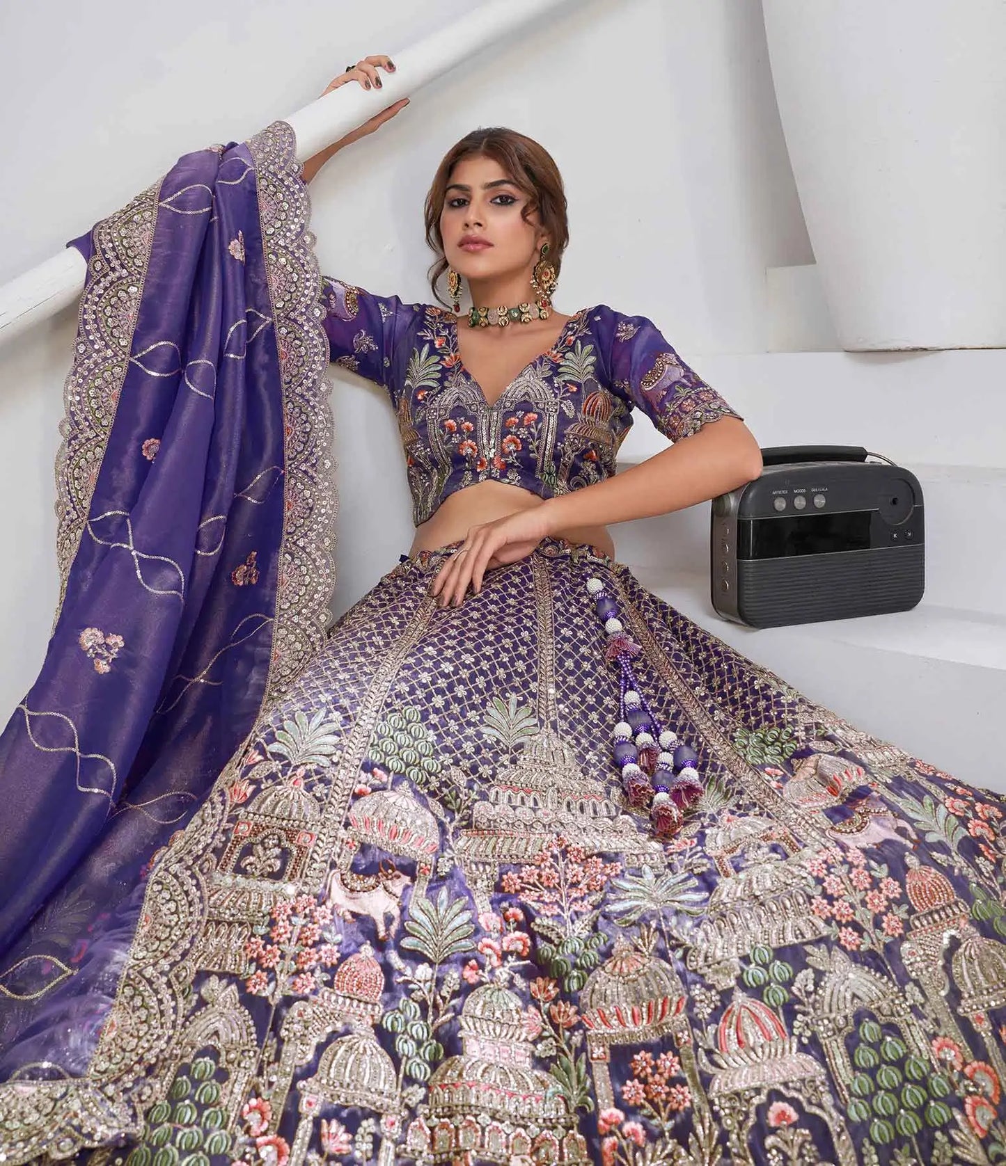 Bluish Purple Bridal Lehenga With Temple & Cow Motifs