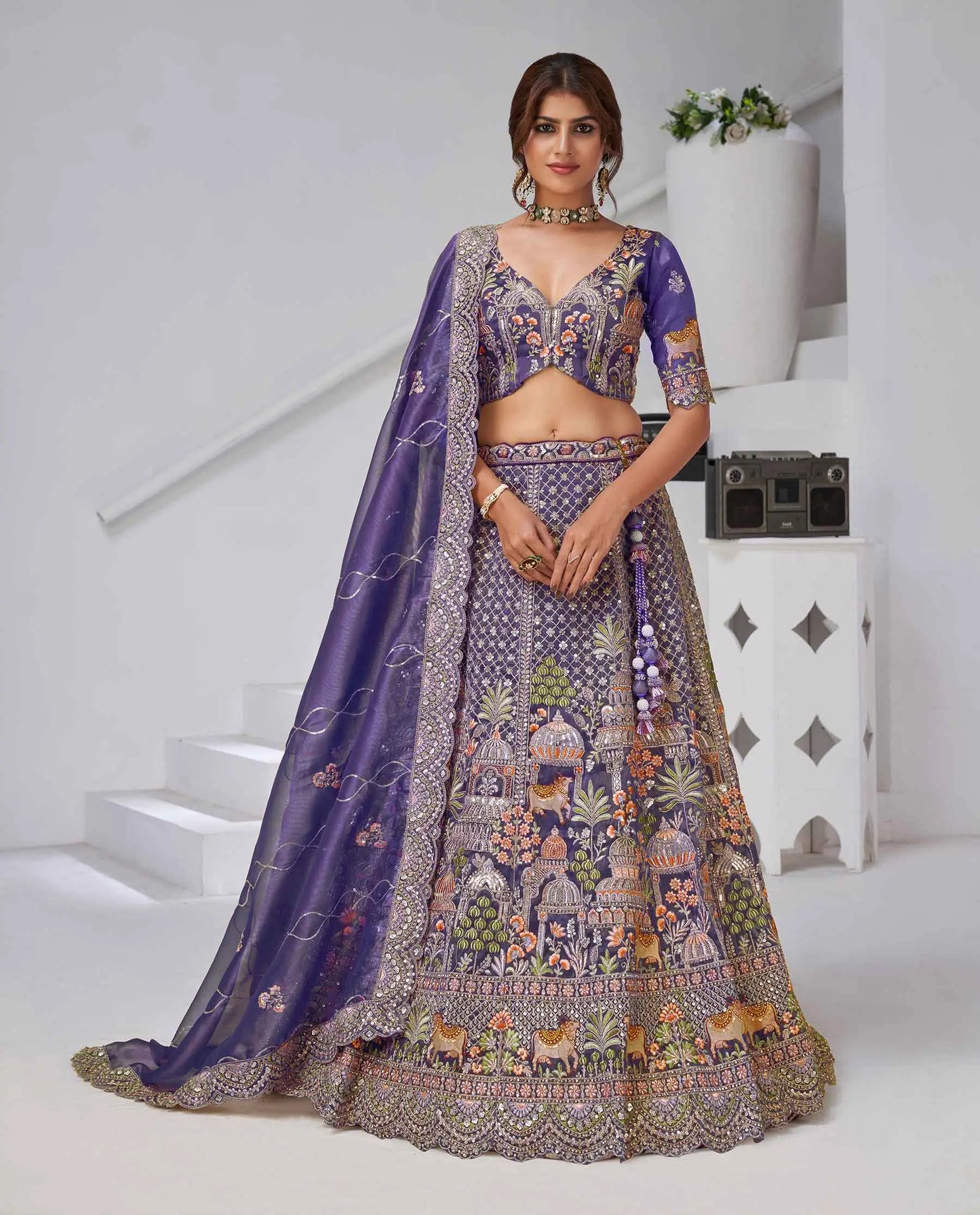 Bluish Purple Bridal Lehenga With Temple & Cow Motifs