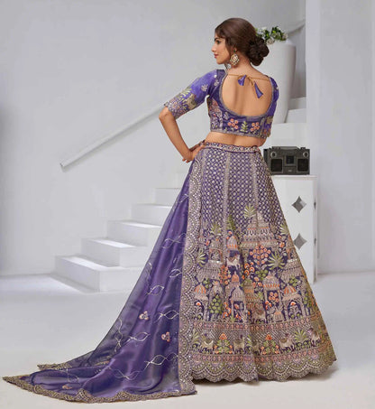 Bluish Purple Bridal Lehenga With Temple & Cow Motifs