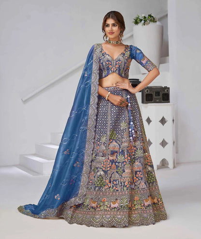 Dusty Blue Bridal Lehenga With Temple & Cow Motifs