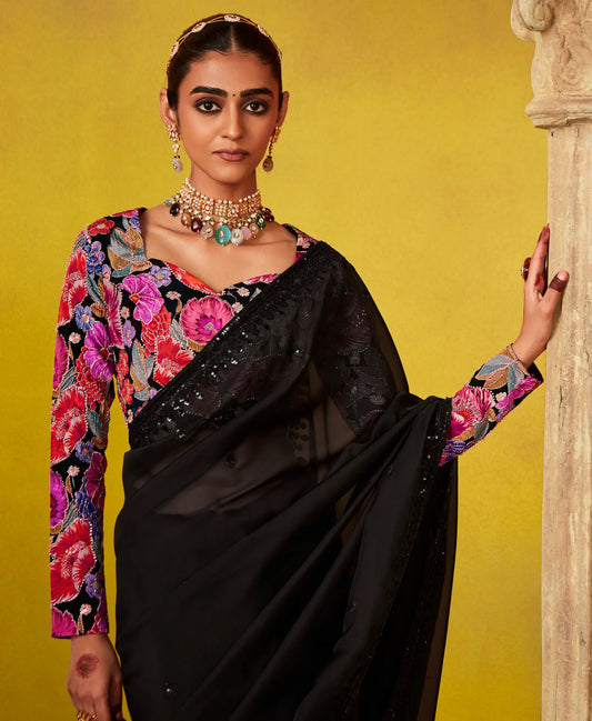 Black Glass Tissue Saree With Digital Print,  Sequence & Thread Embroidery Work