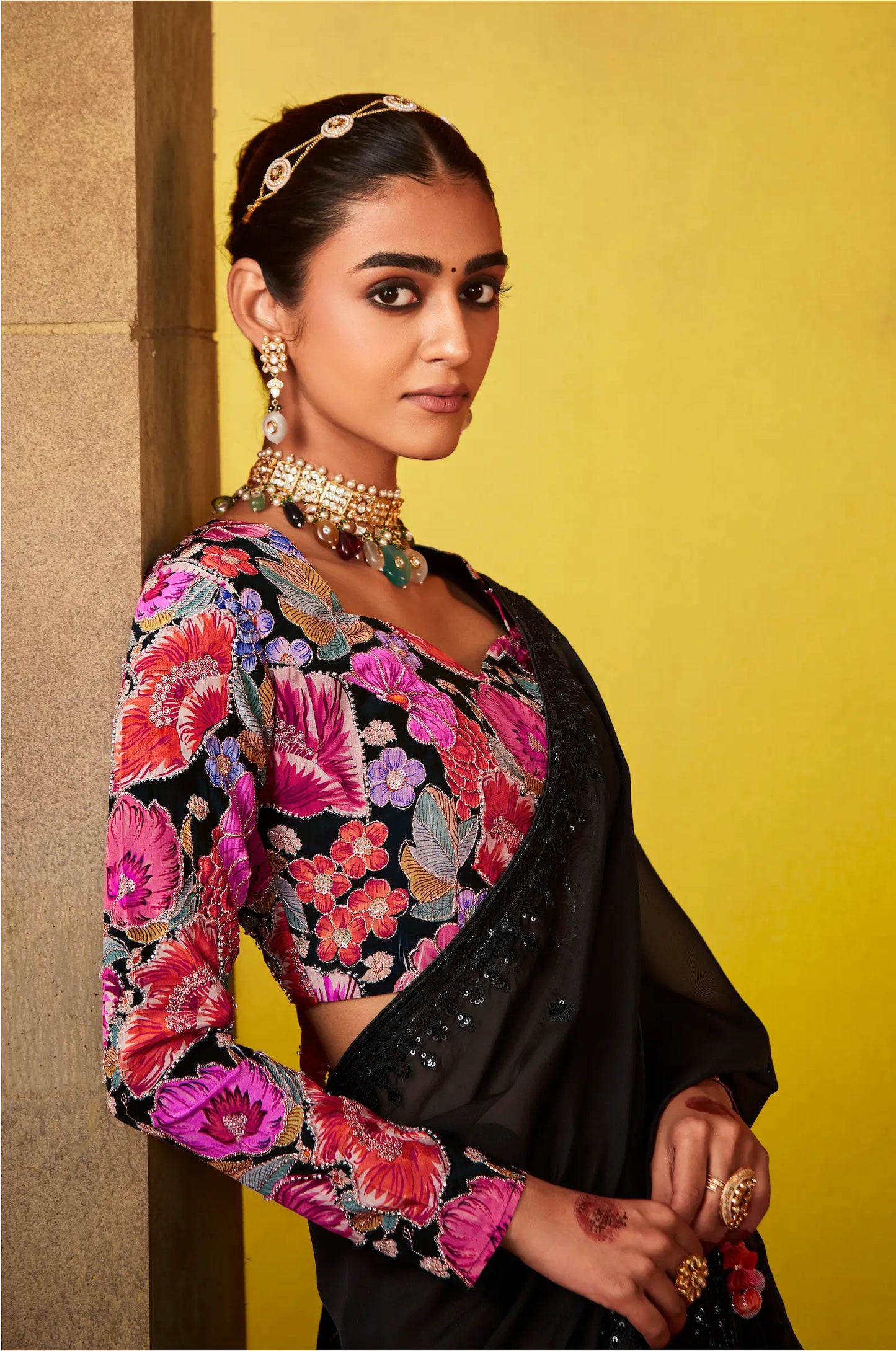 Black Glass Tissue Saree With Digital Print,  Sequence & Thread Embroidery Work