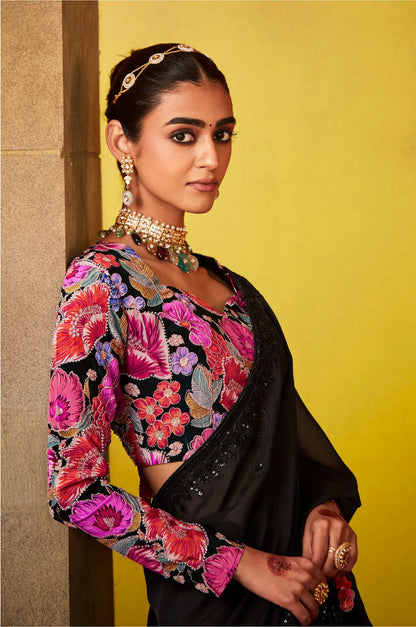 Black Glass Tissue Saree With Digital Print,  Sequence & Thread Embroidery Work