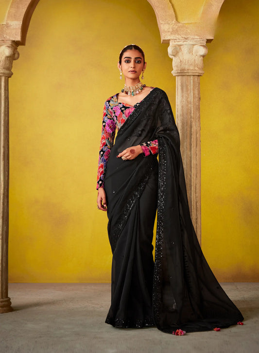 Black Glass Tissue Saree With Digital Print,  Sequence & Thread Embroidery Work