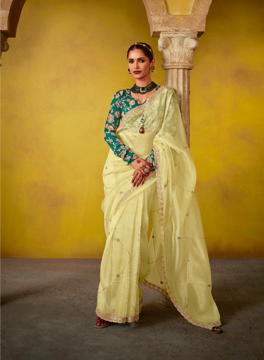 Lime Yellow Glass Tissue Saree With Digital Print,  Sequence & Thread Embroidery Work
