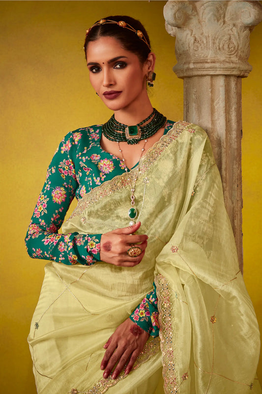 Lime Yellow Glass Tissue Saree With Digital Print,  Sequence & Thread Embroidery Work