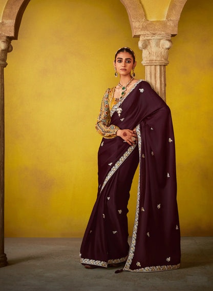 Dark Brown Glass Tissue Saree With Digital Print,  Sequence & Thread Embroidery Work