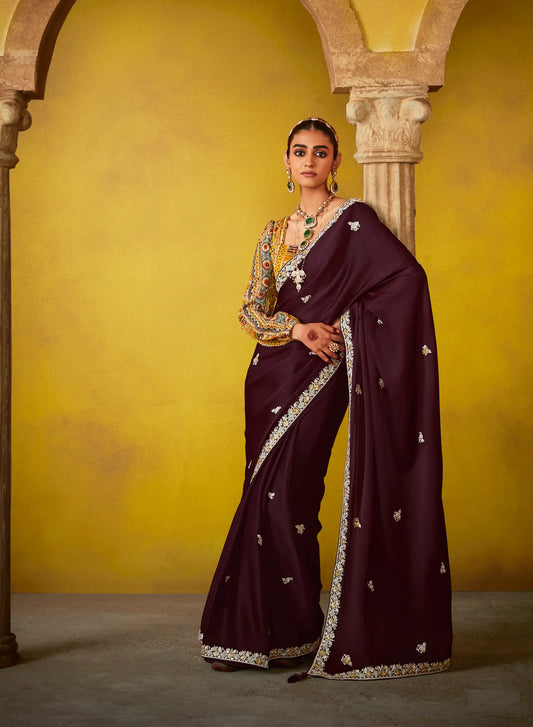Dark Brown Glass Tissue Saree With Digital Print,  Sequence & Thread Embroidery Work