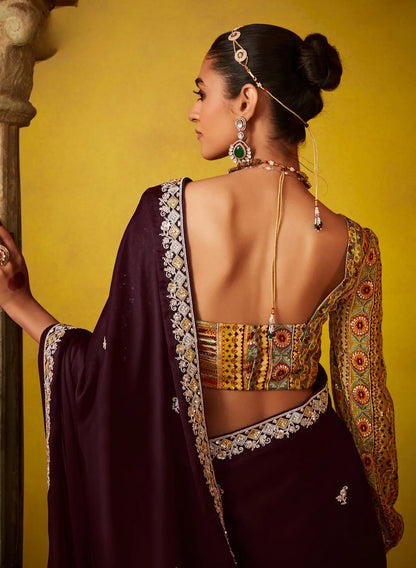 Dark Brown Glass Tissue Saree With Digital Print,  Sequence & Thread Embroidery Work