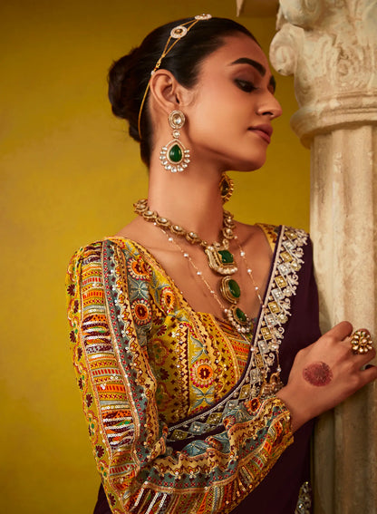 Dark Brown Glass Tissue Saree With Digital Print,  Sequence & Thread Embroidery Work