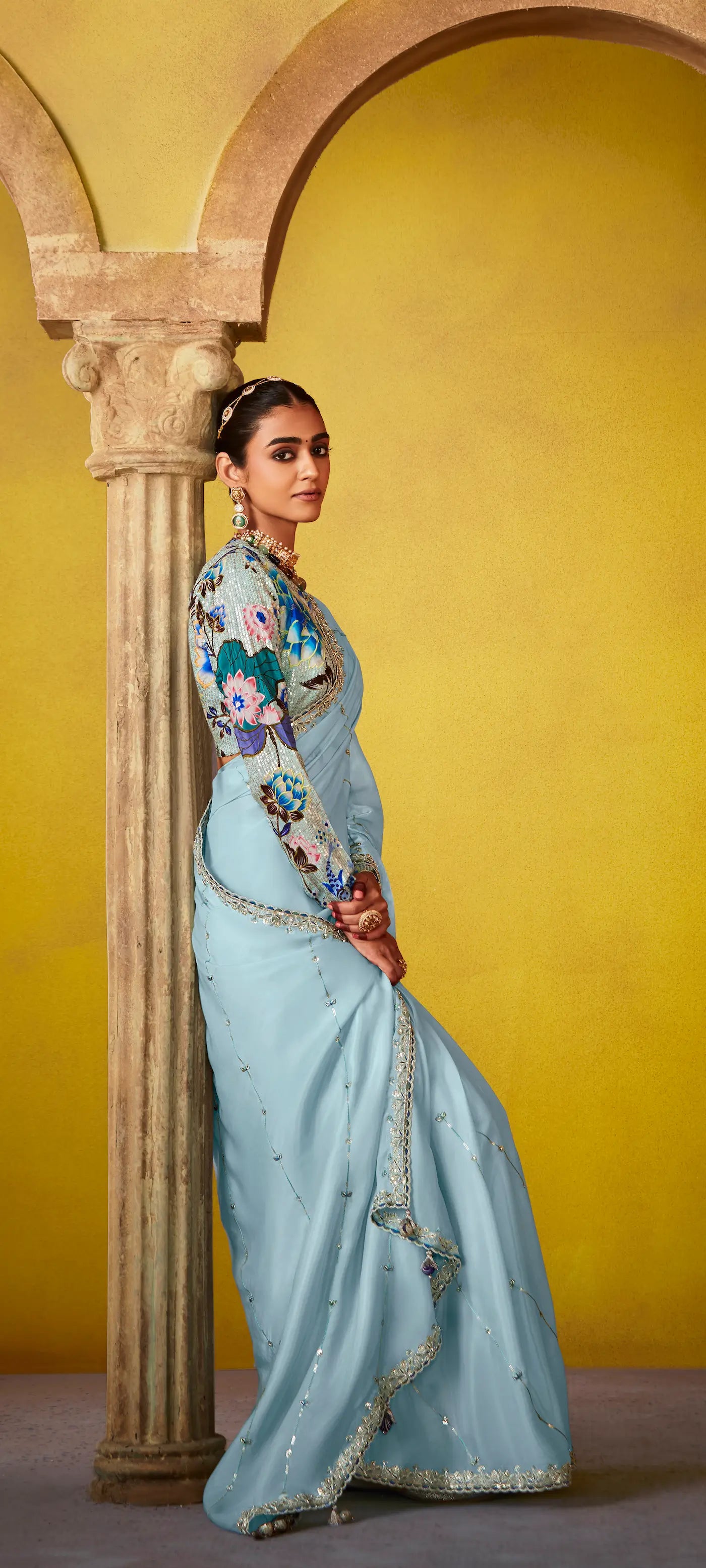 Sky Blue Glass Tissue Saree With Digital Print,  Sequence & Thread Embroidery Work