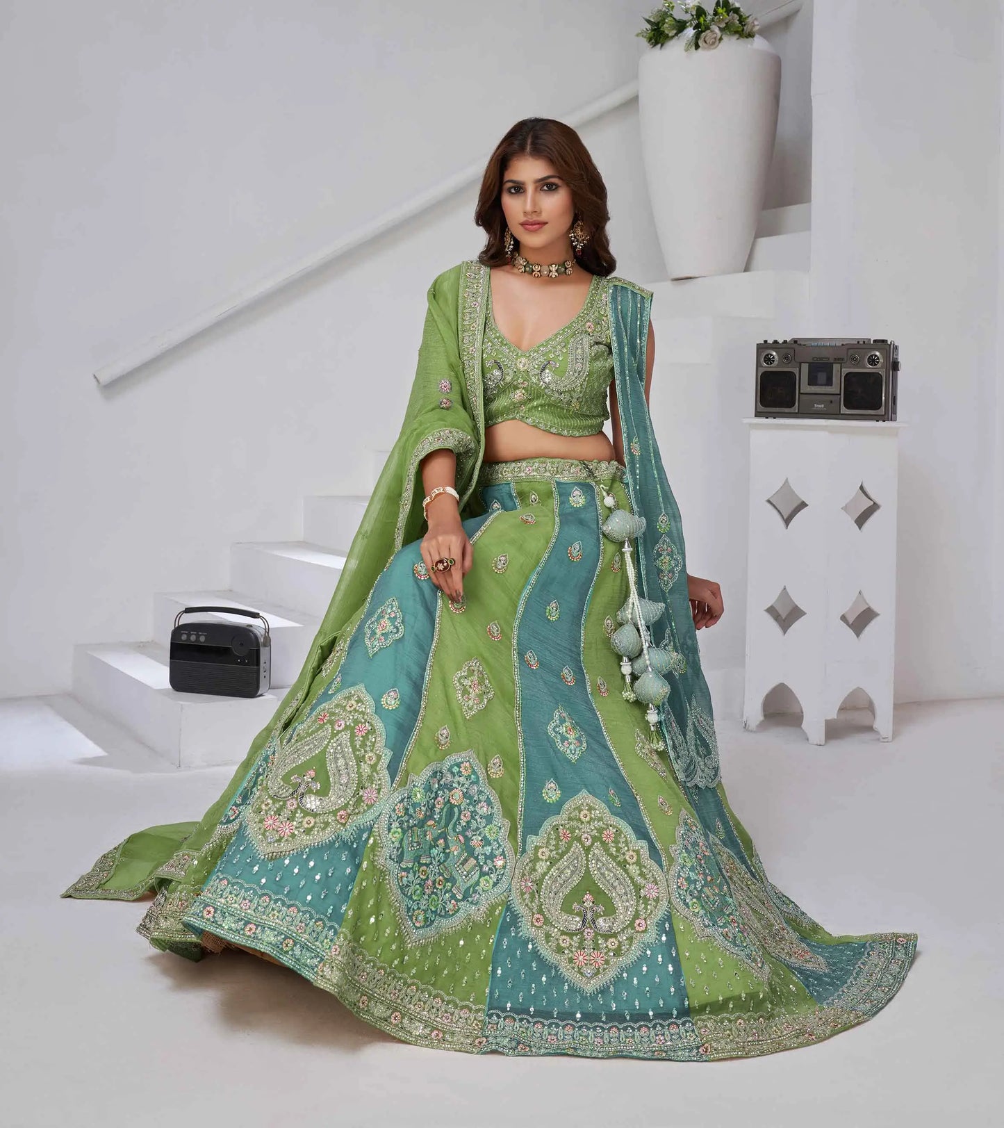 Iguana Green Lehenga With 2 Dupatta & Zari-Resham Work