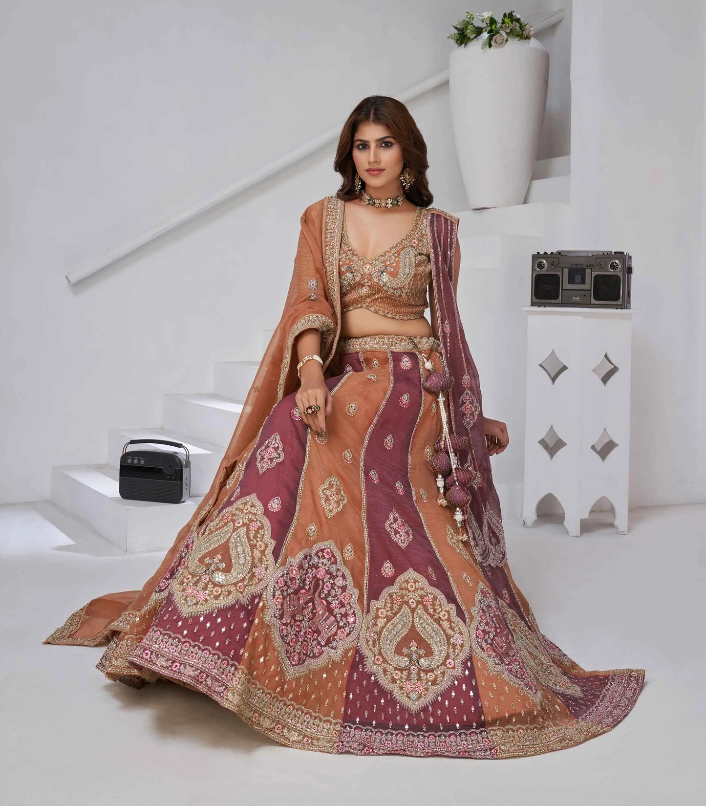 Rust Lehenga With 2 Dupatta & Elephant Peacock Motifs
