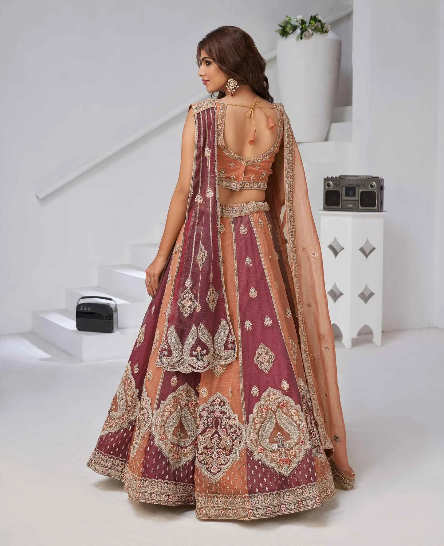 Rust Lehenga With 2 Dupatta & Elephant Peacock Motifs