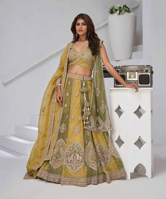 Yellow Lehenga With 2 Dupatta & Elephant Peacock Motifs