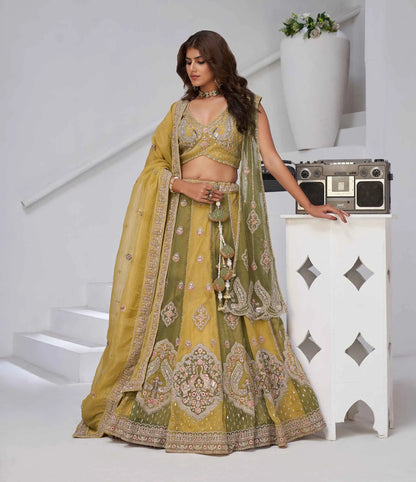 Yellow Lehenga With 2 Dupatta & Elephant Peacock Motifs