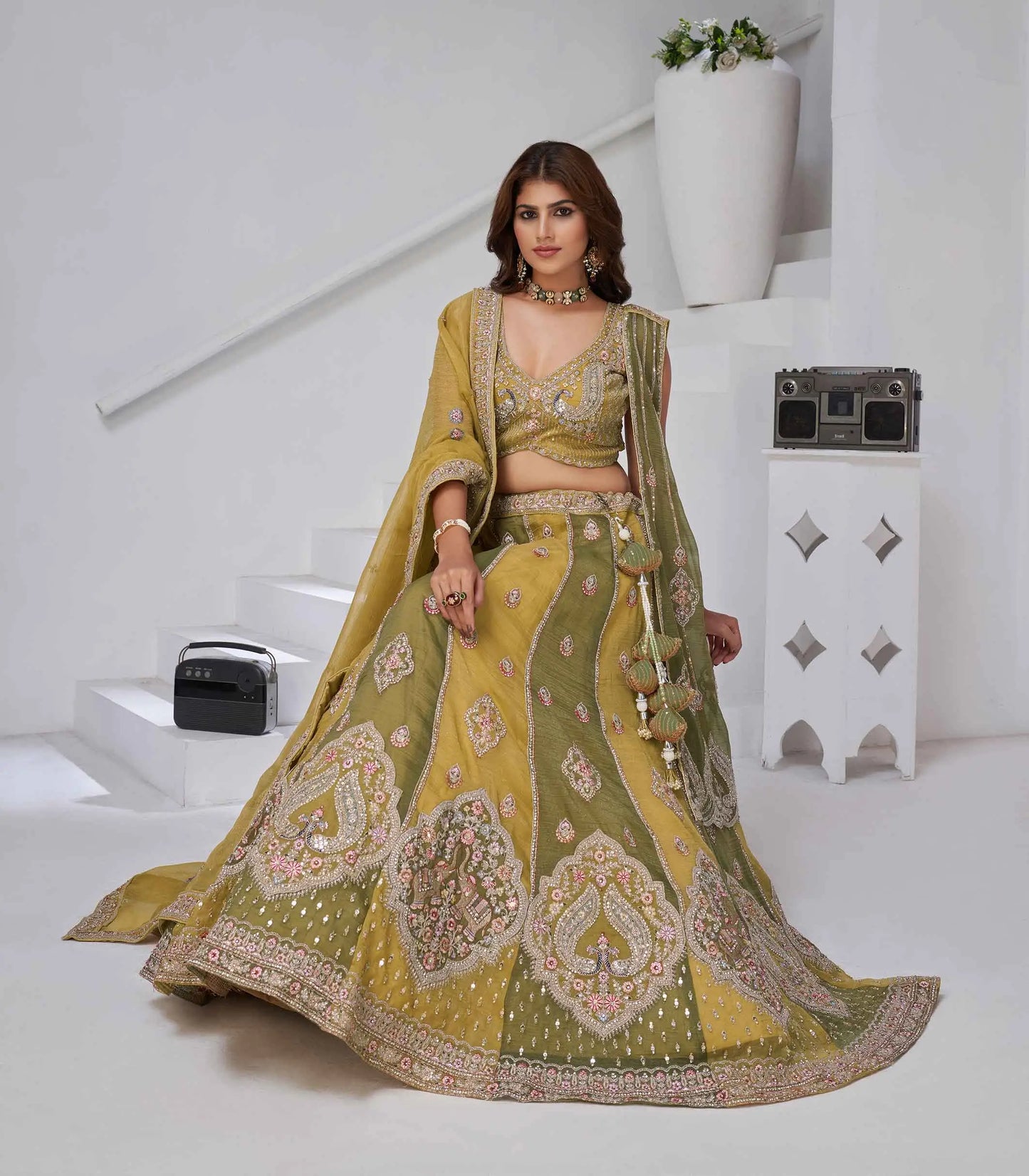 Yellow Lehenga With 2 Dupatta & Elephant Peacock Motifs