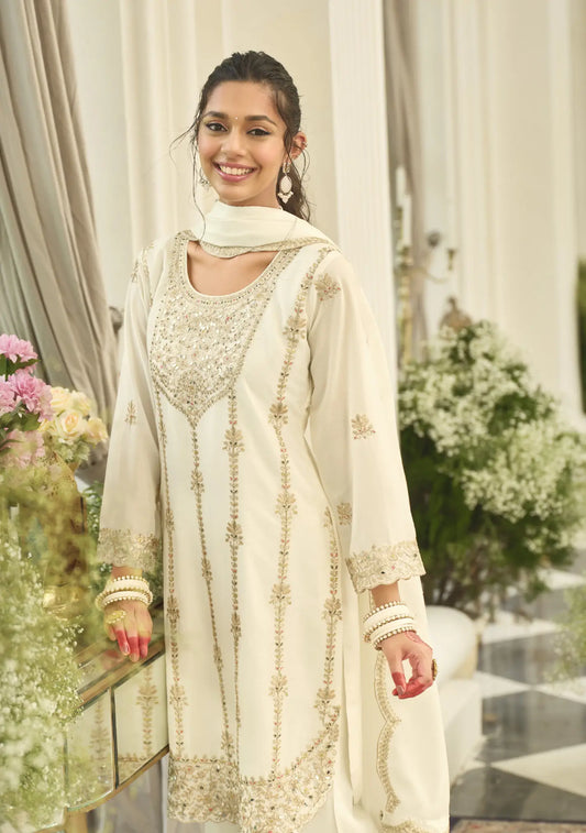 Antique White Chinon Embroidered Salwar Suit