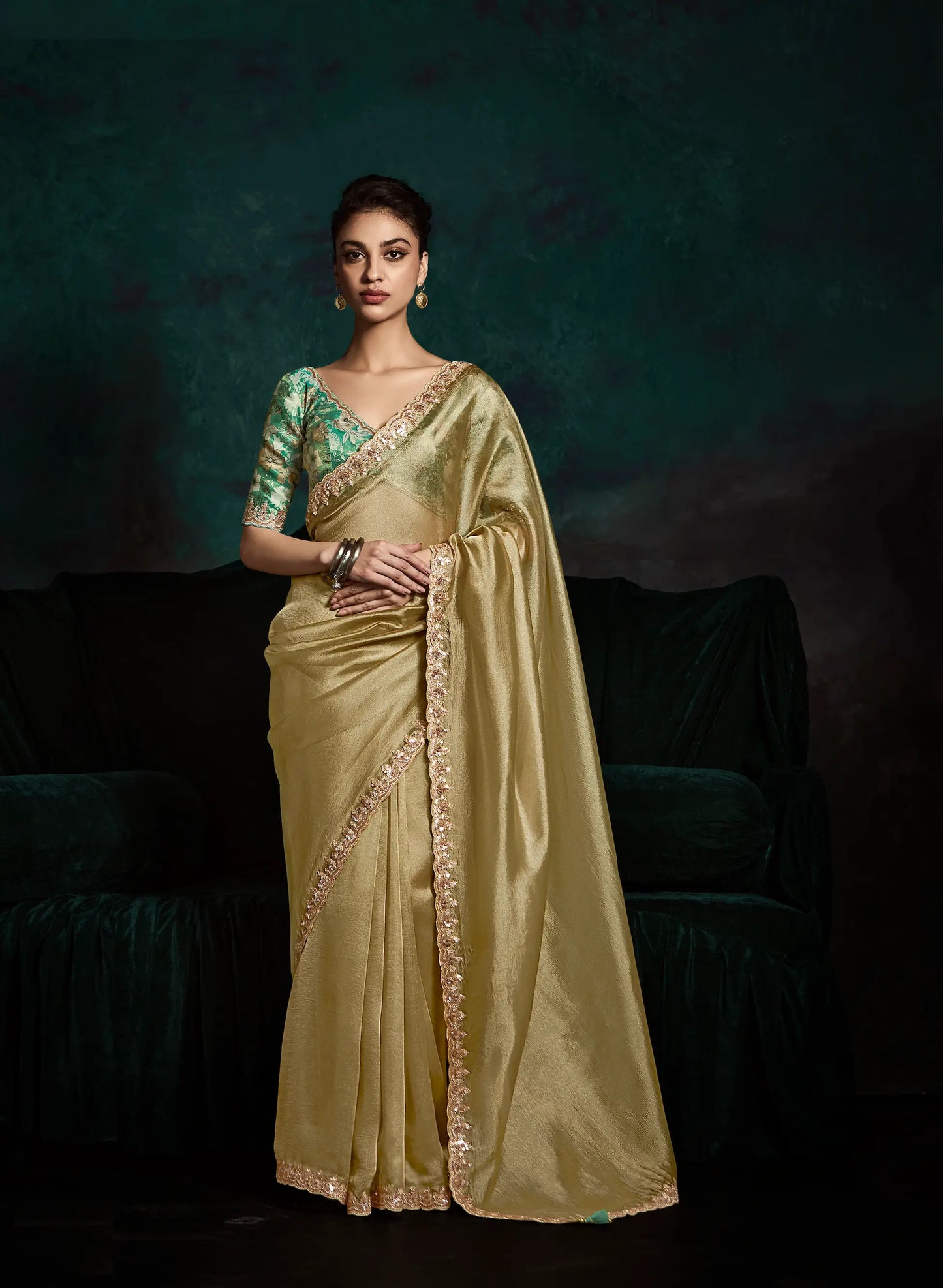 Dusty Lime Glass Organza Saree With Digital Print,  Sequence & Thread Embroidery Work