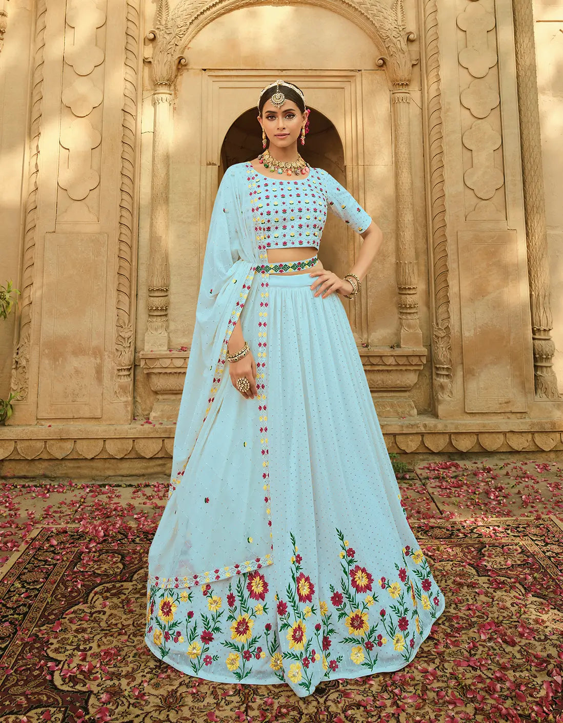 Sky Blue Georgette Thread with Sequence Embroidery Work Lehenga Choli