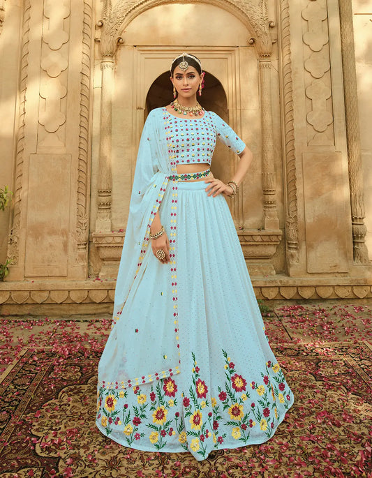 Sky Blue Georgette Thread with Sequence Embroidery Work Lehenga Choli
