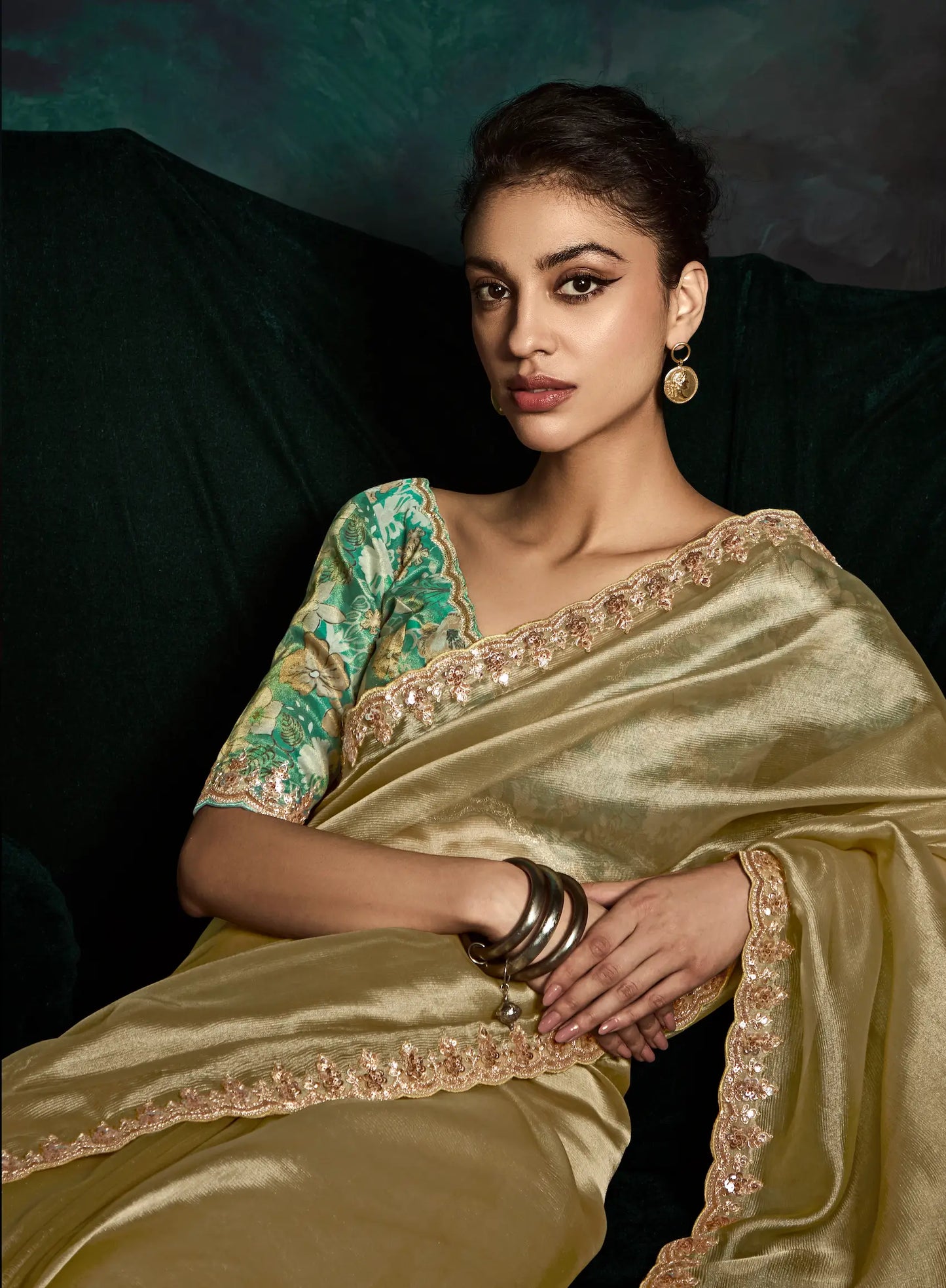 Dusty Lime Glass Organza Saree With Digital Print,  Sequence & Thread Embroidery Work