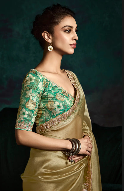 Dusty Lime Glass Organza Saree With Digital Print,  Sequence & Thread Embroidery Work