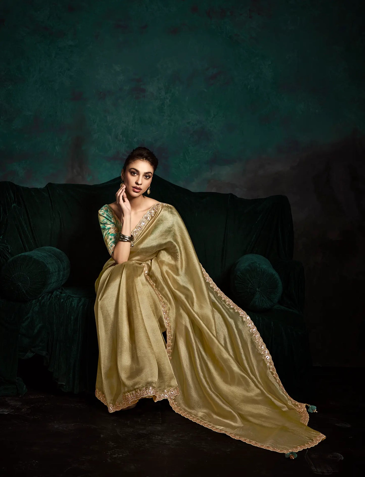 Dusty Lime Glass Organza Saree With Digital Print,  Sequence & Thread Embroidery Work