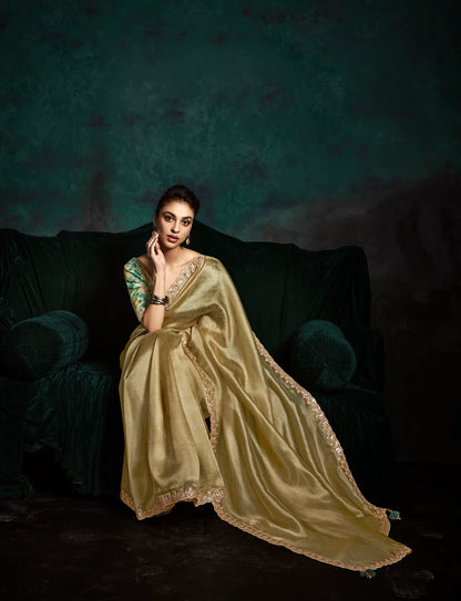 Dusty Lime Glass Organza Saree With Digital Print,  Sequence & Thread Embroidery Work